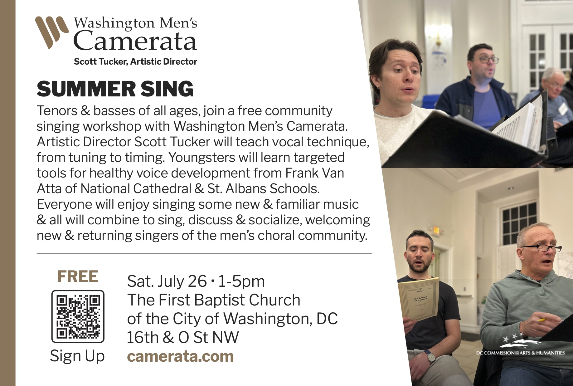 A flier with a description of Summer Sing and a photos of a few singers rehearsing with music.