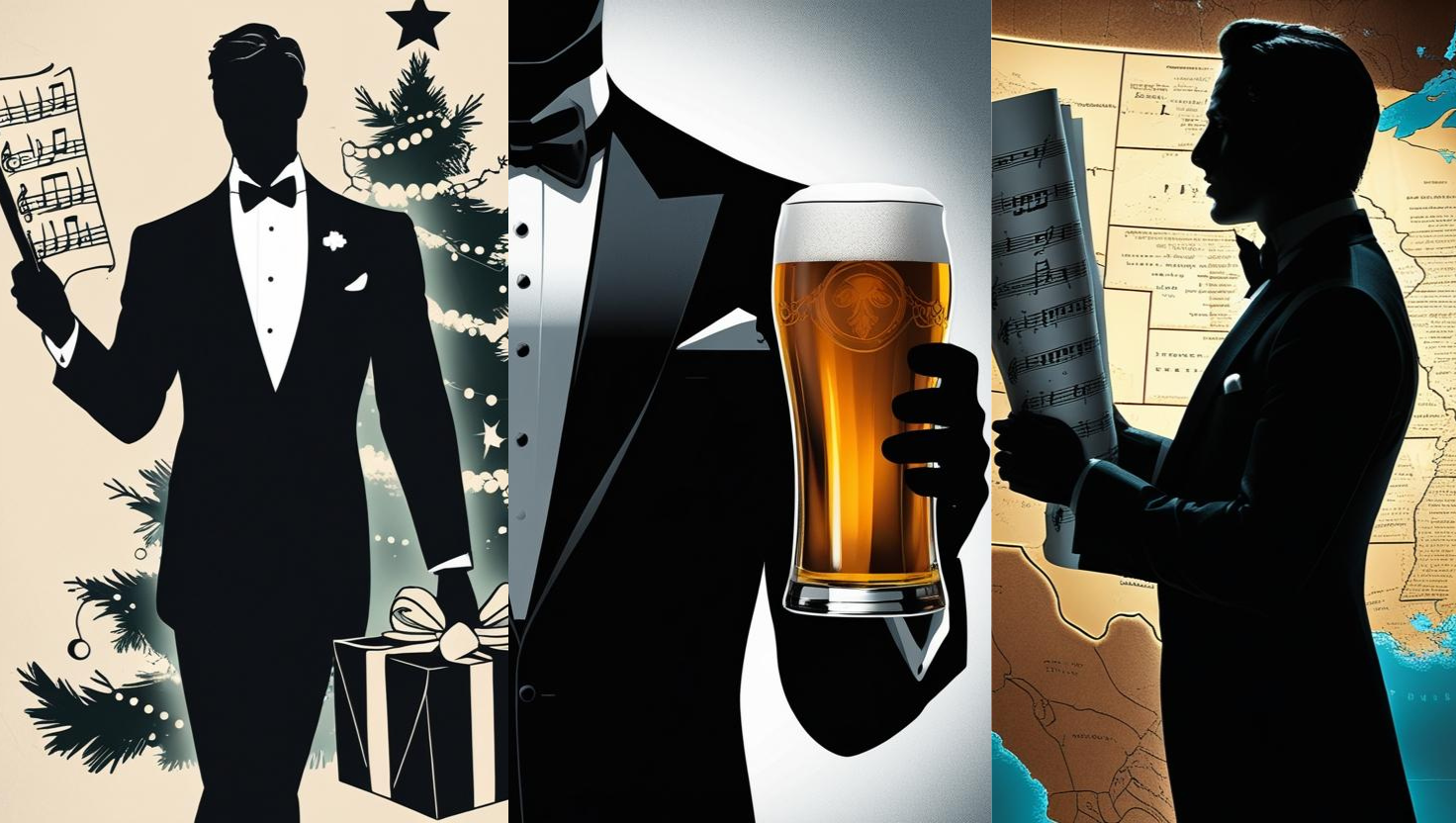 Silhouettes men in tuxedo, on left holding sheet music and a present in front of a Christmas tree; center holding a beer pint; on right holding sheet music in front of a US map.