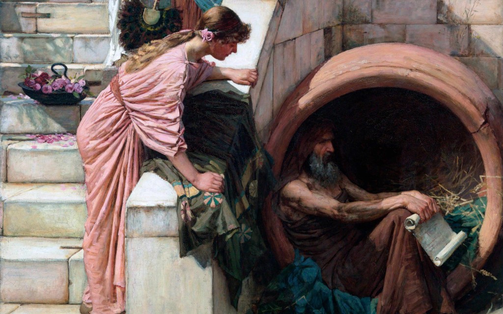 Classical painting of women speaking with the philosopher Diogenes in his large clay jar