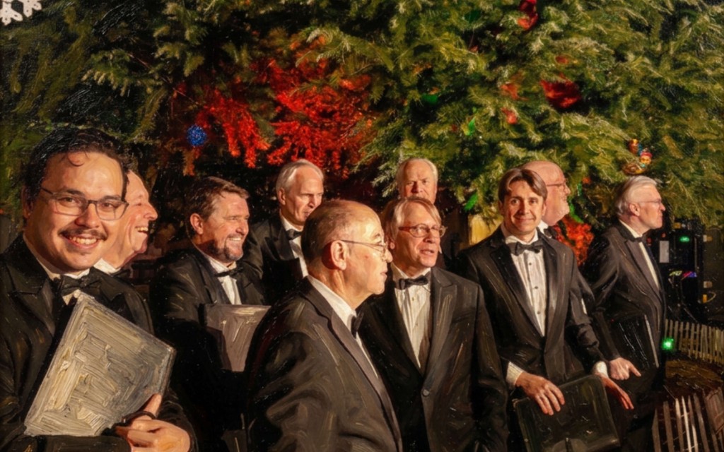 Members of the Washington Men's Camerata in tuxedos before decorated Christmas trees